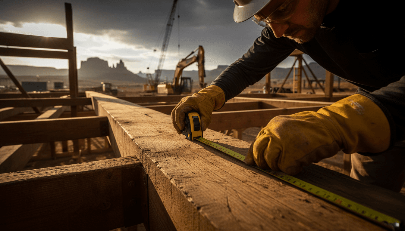 Construction worker measuring and marking wooden beam on job site