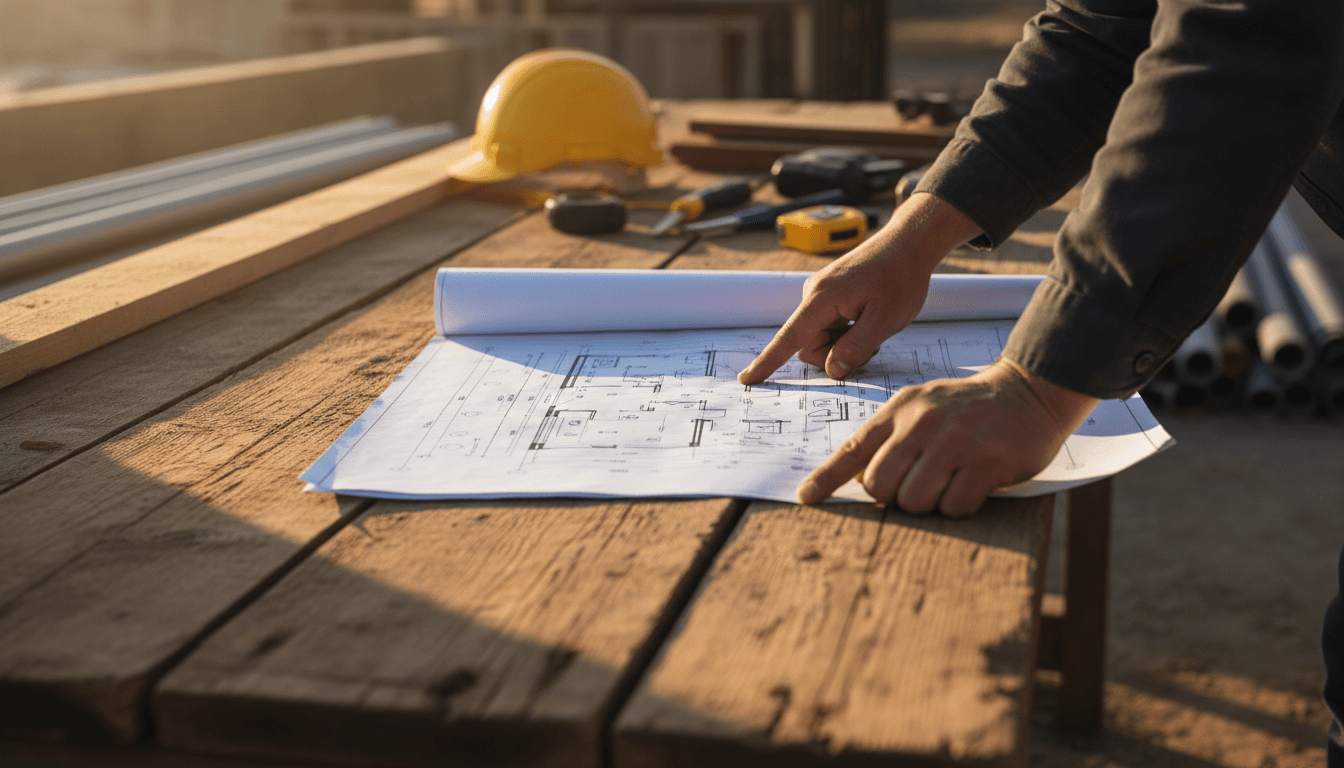 Construction professional reviewing blueprints on a job site