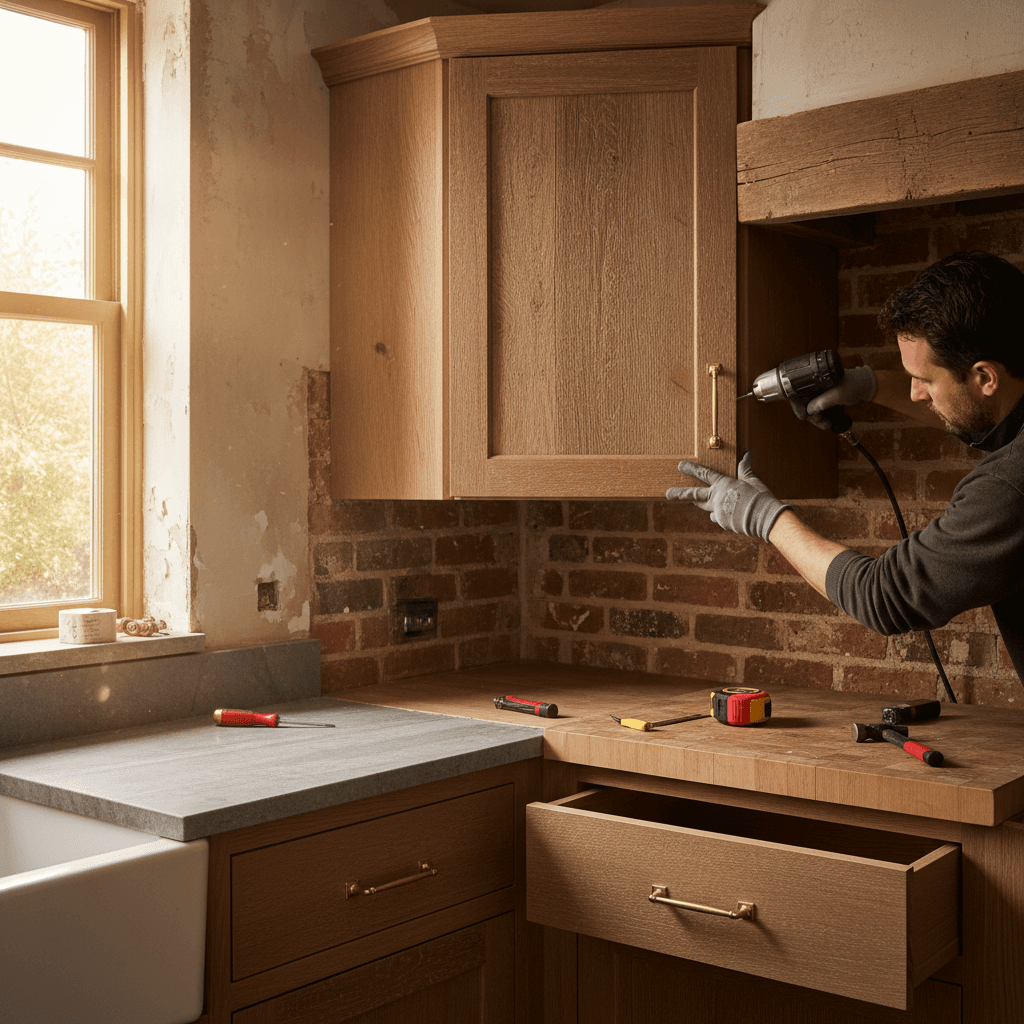 Kitchen renovation showing skilled installation of new cabinetry