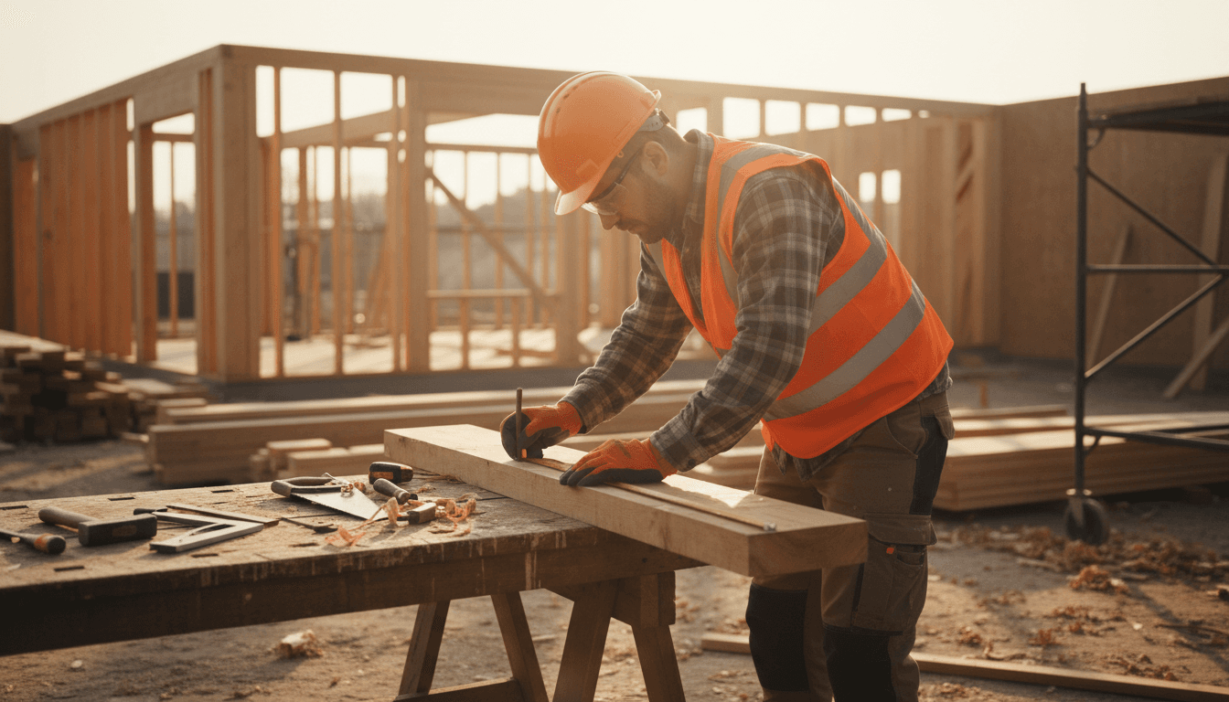 Construction professional measuring and marking lumber on a workbench at a building site
