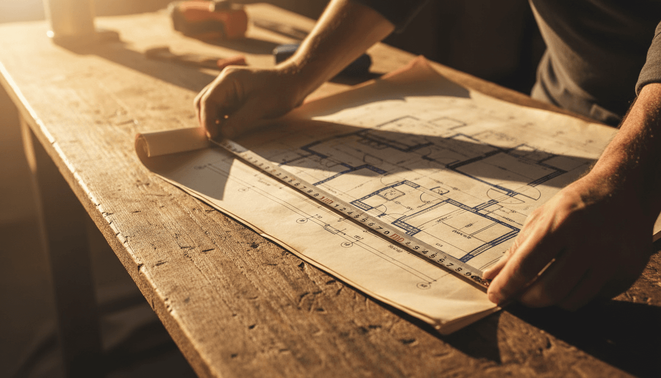 Construction blueprints and measuring tape on wooden table