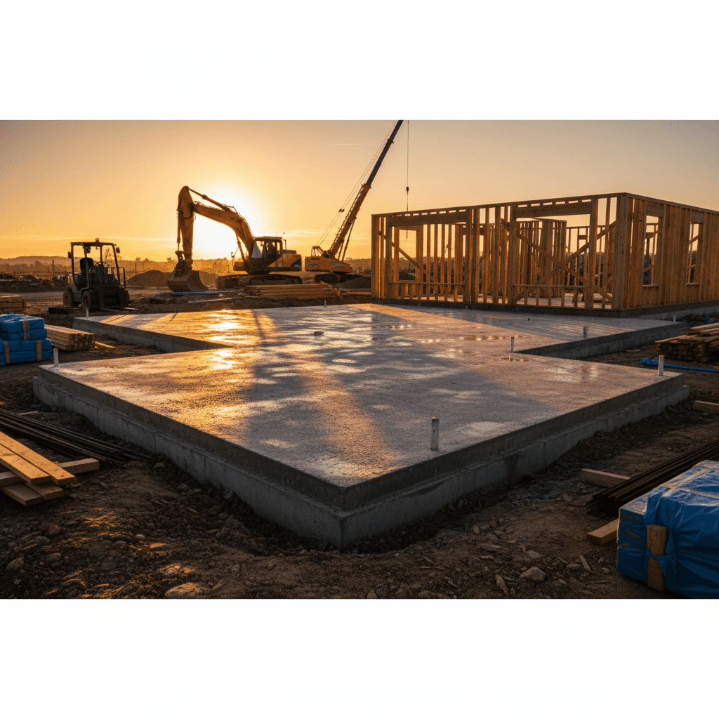 New residential construction with concrete foundation and wooden framing
