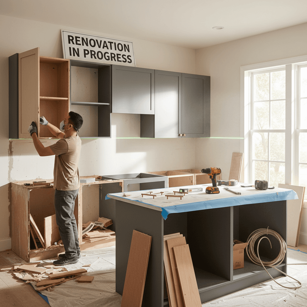 Kitchen renovation in progress with new cabinetry installation